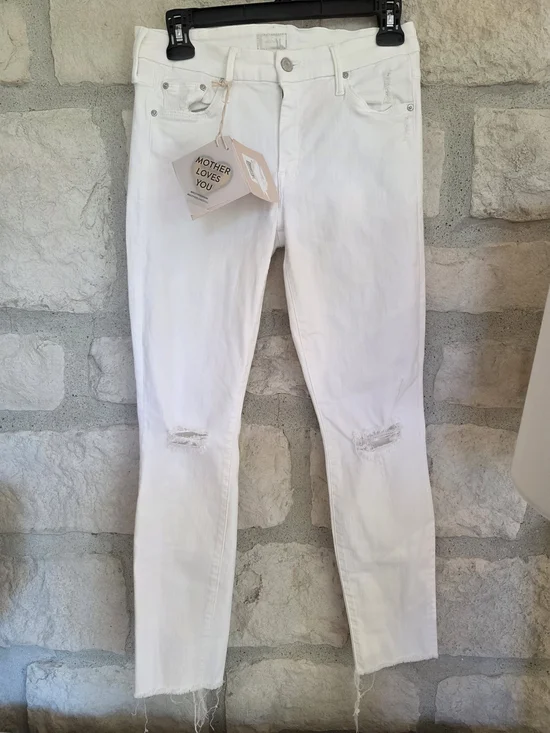 MOTHER White Distressed Ankle Crop Jeans - Picture 1 of 5